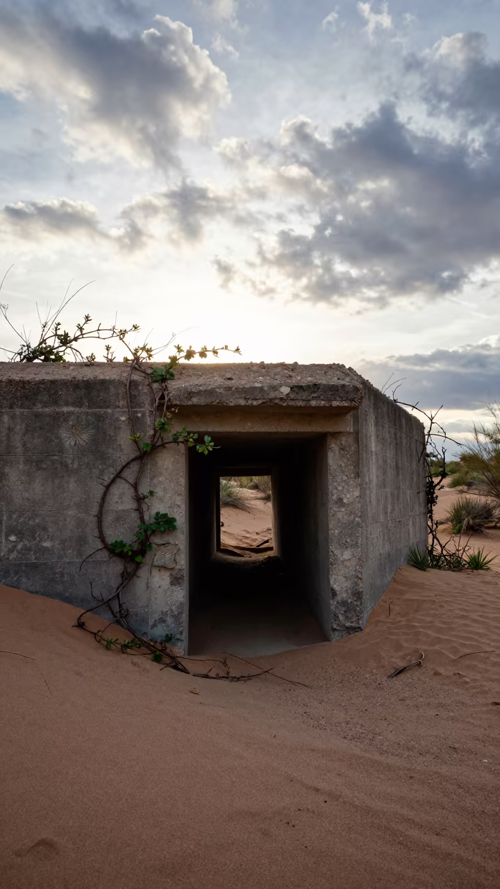 Silhouetted Concrete Bunker in Arizona Dunes in along a vine-choked corridor in Arizona