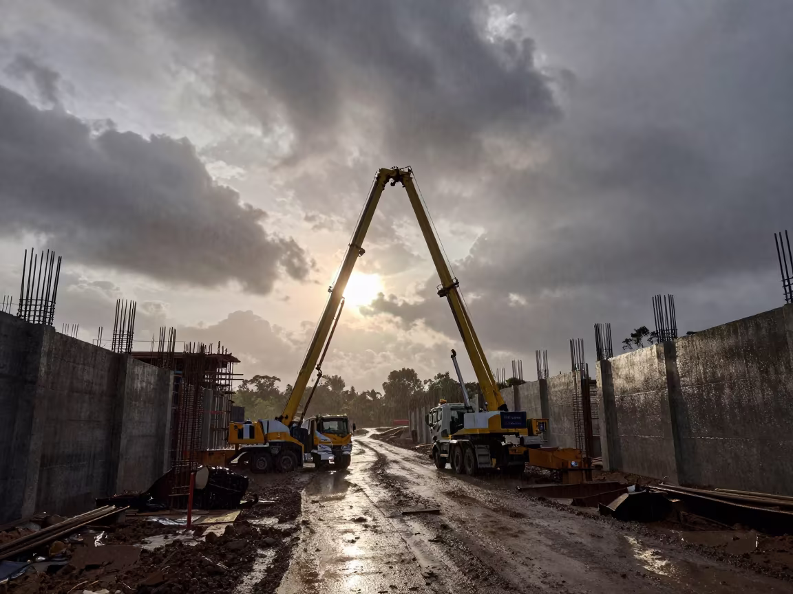 Silhouetted Concrete Pump Boom Over Muddy Site in at a muddy site access road in Papua New Guinea