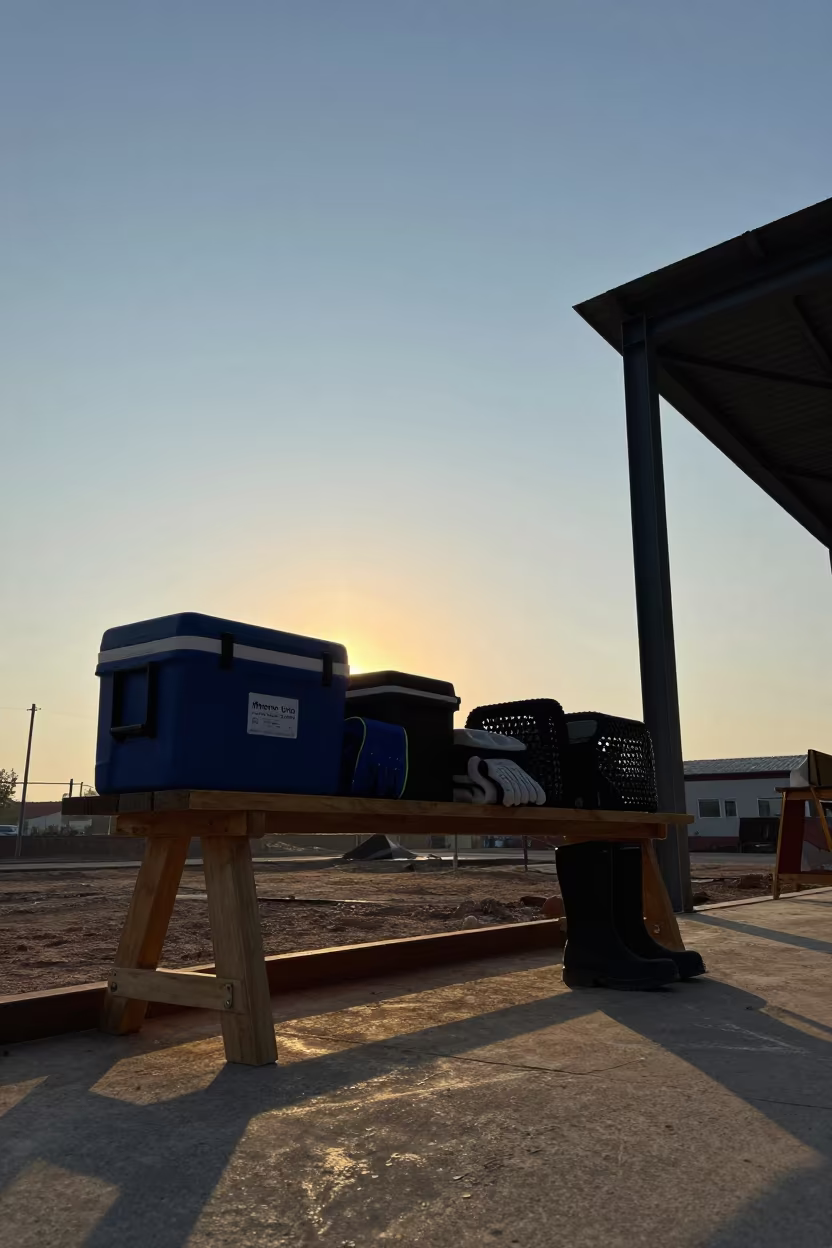 Silhouetted Construction Bench with Lunch Coolers in beside a framed building shell near Qingdao