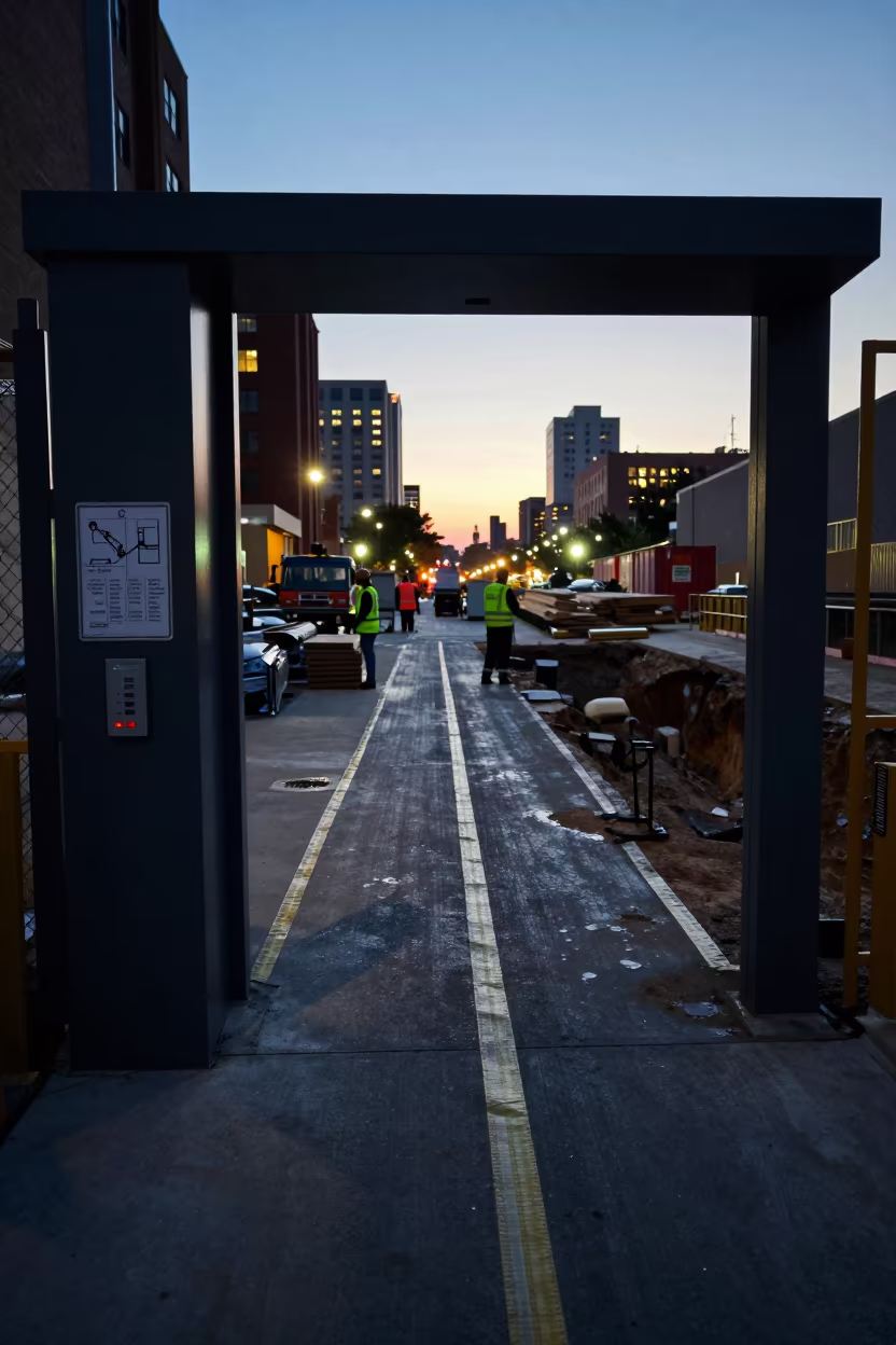 Silhouetted Construction Elevator Gate at Dusk in inside a taped-off excavation edge in Raleigh
