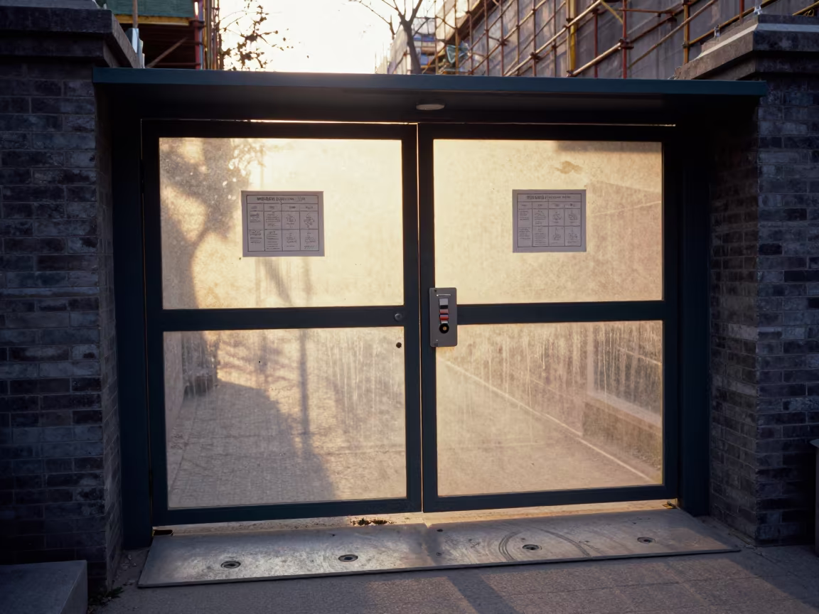 Silhouetted Construction Gate Nanluoguxiang Evening in along a scaffolded facade in Nanluoguxiang, Beijing