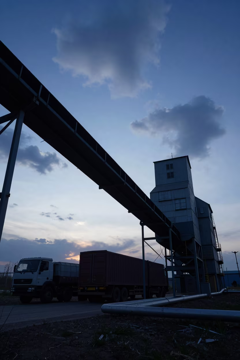 Silhouetted Conveyor Bridge Over Trucks at Dusk in along a service road lined with pipes near Namangan
