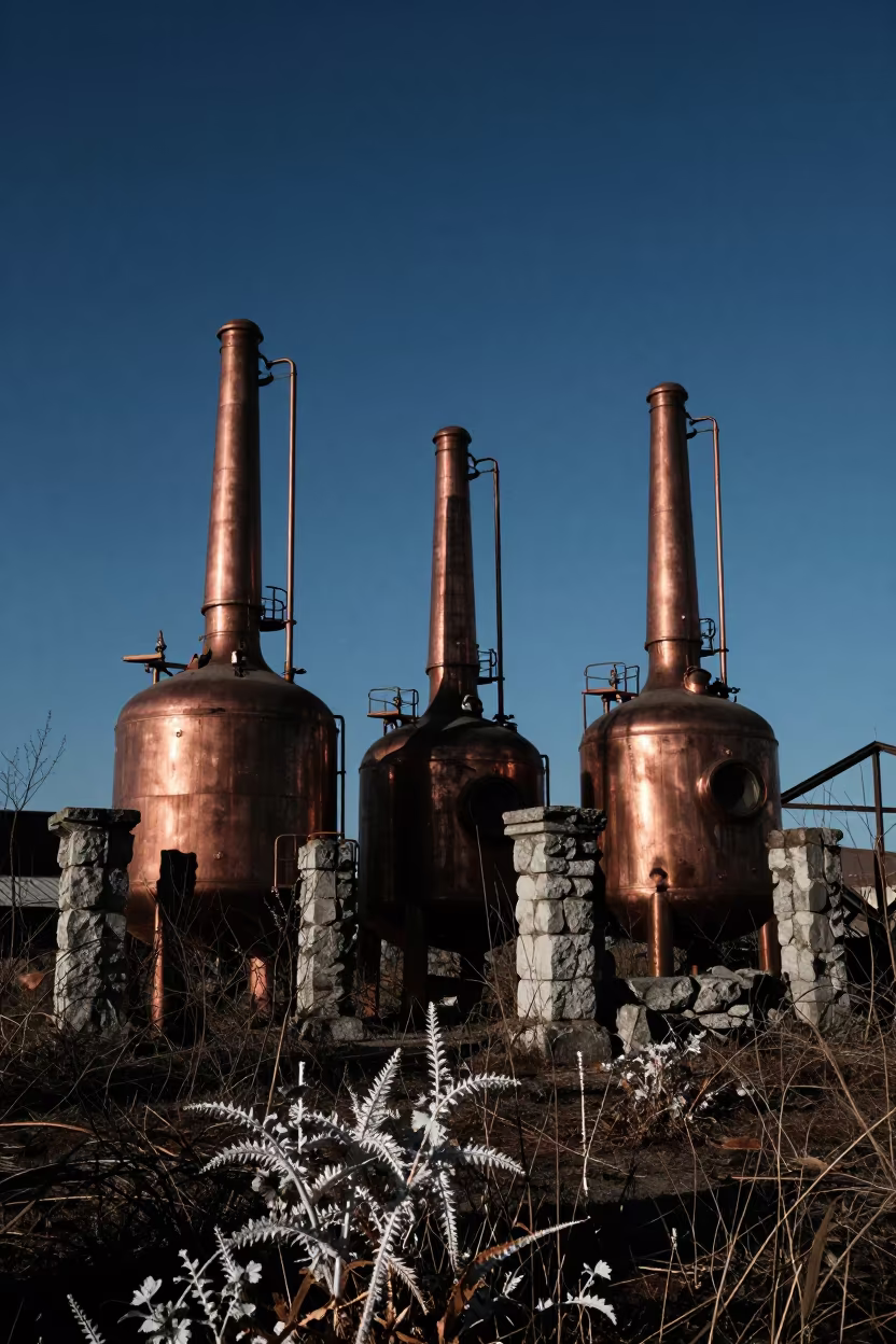 Silhouetted Copper Brewery Ruins in Virginia Winter Night in among toppled columns and nettles in Virginia