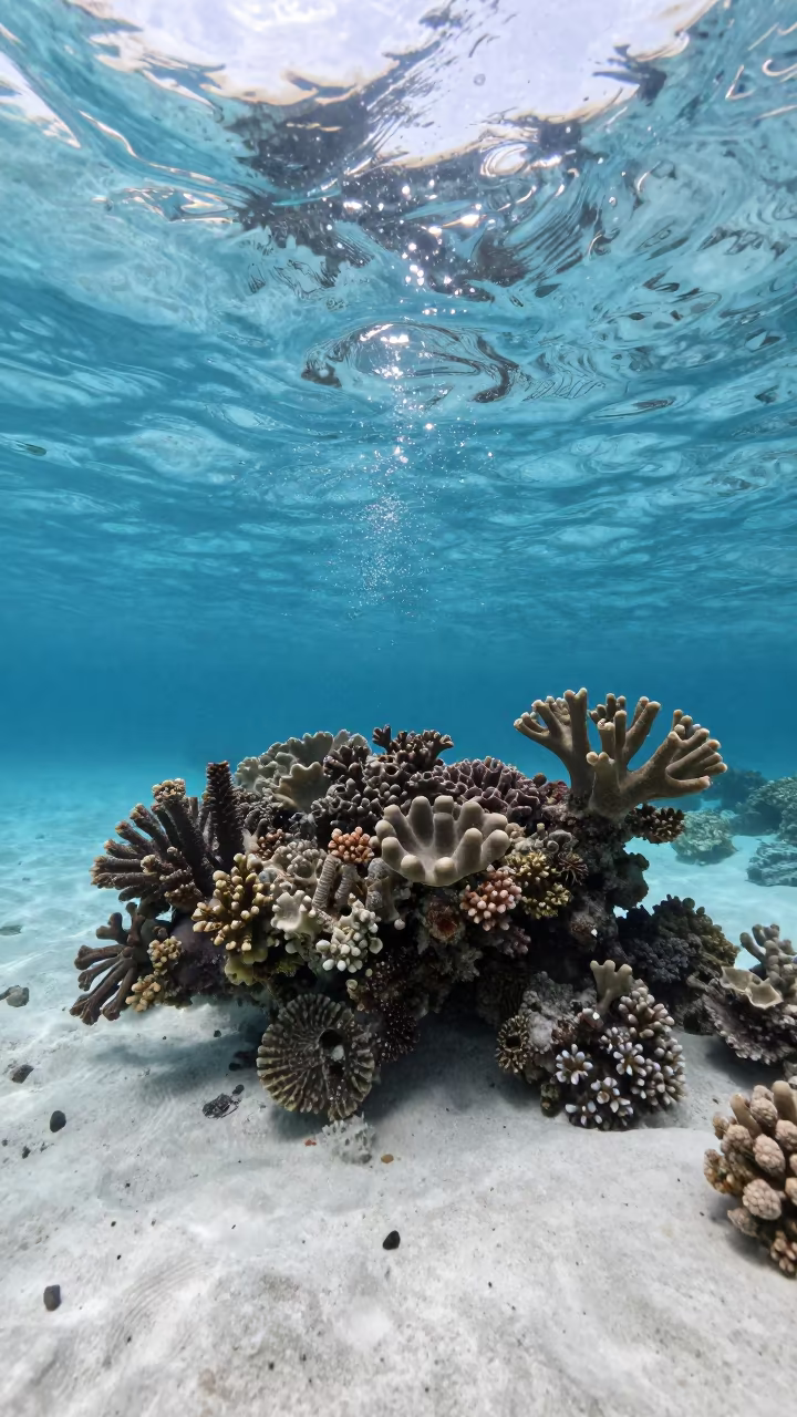 Silhouetted Coral Cay in Turquoise Midday Water in along a coral wall with blue water beyond near Cairns