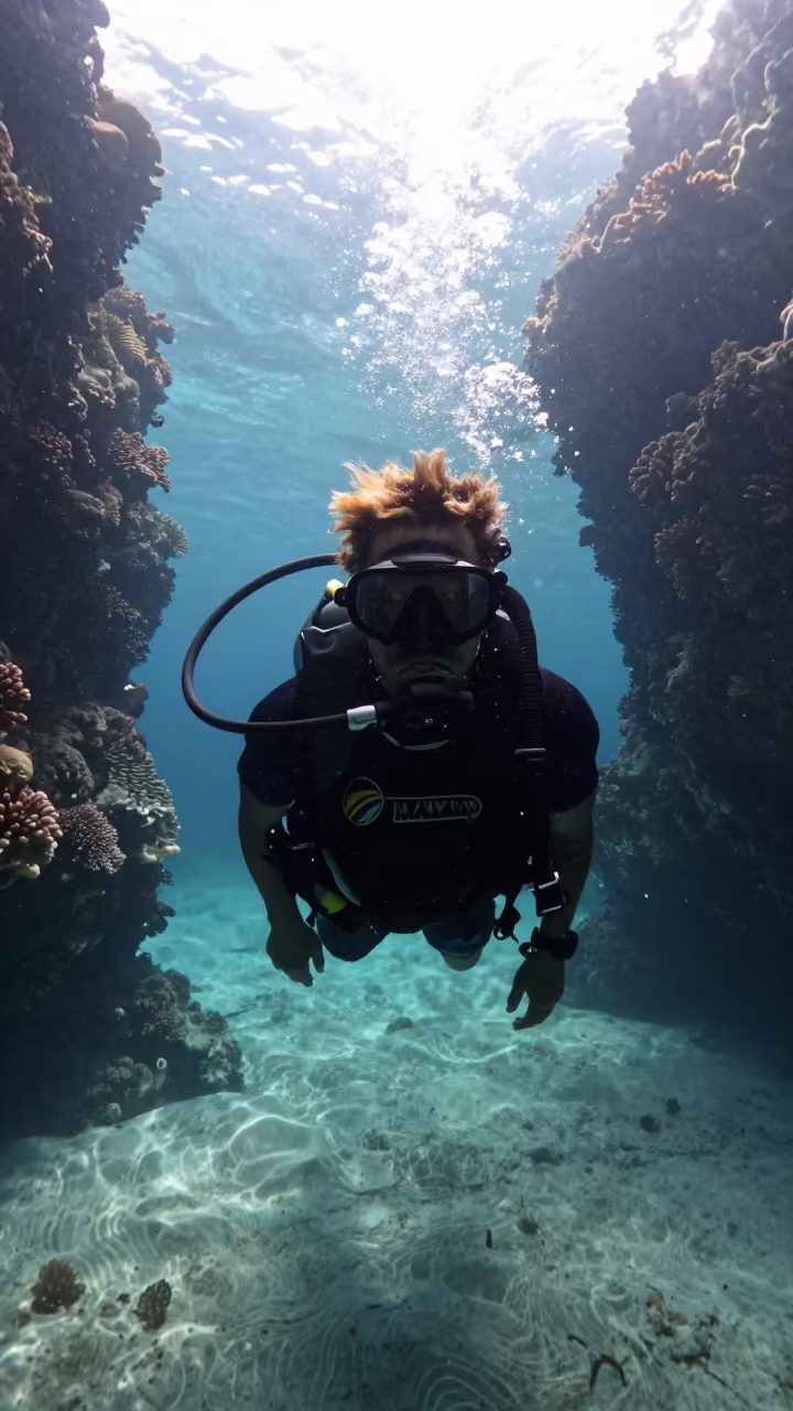 Silhouetted Coral Diver in Stone Town Reef in beside a reef crevice under clear water near Stone Town
