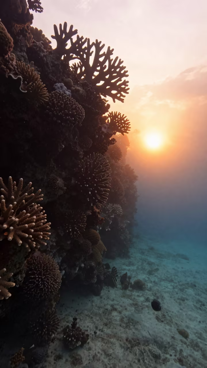 Silhouetted Coral Fans in Orange Reef Light in beside a reef crevice under clear water near Stone Town