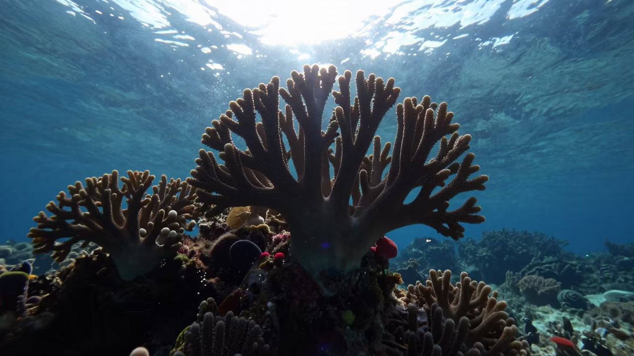 Silhouetted Coral Fungus Branching Fingers in beside a reef crevice under clear water near Belize City
