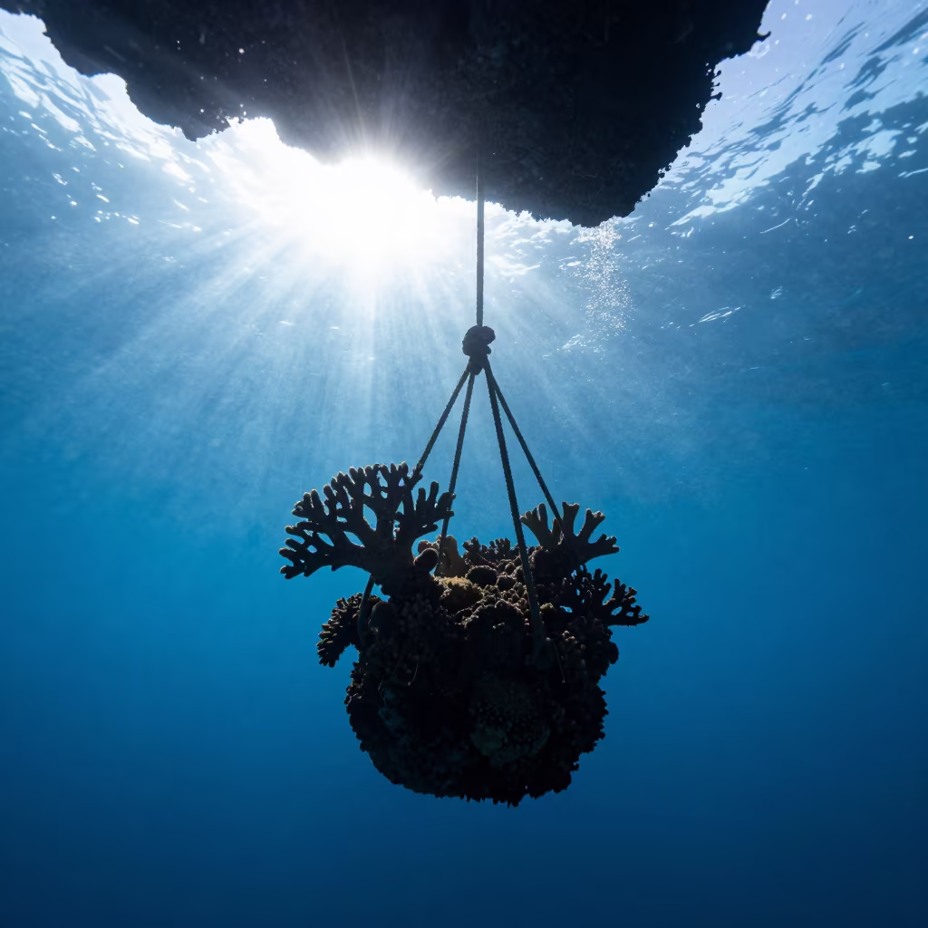 Silhouetted Coral Planter on Volcanic Reef in beside a volcanic reef overhang near Cairns