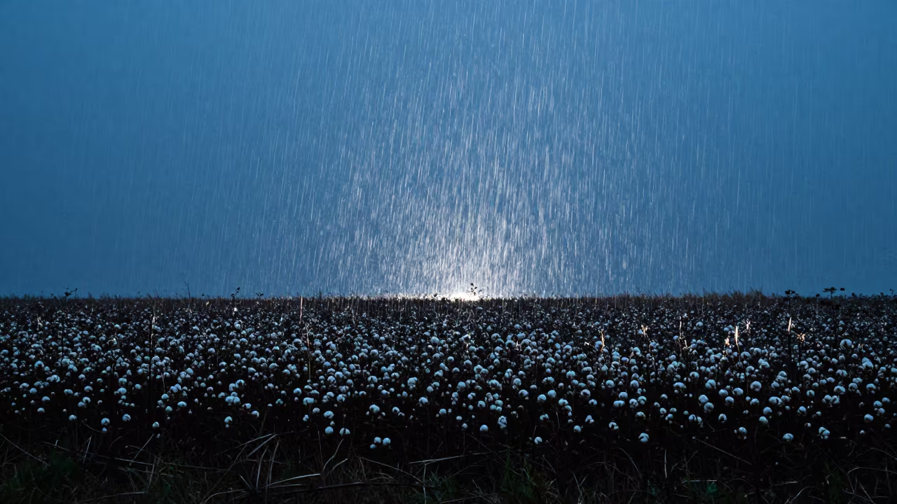 Silhouetted Cotton Field in Evening Rain in in a bloom-heavy meadow near Vladivostok