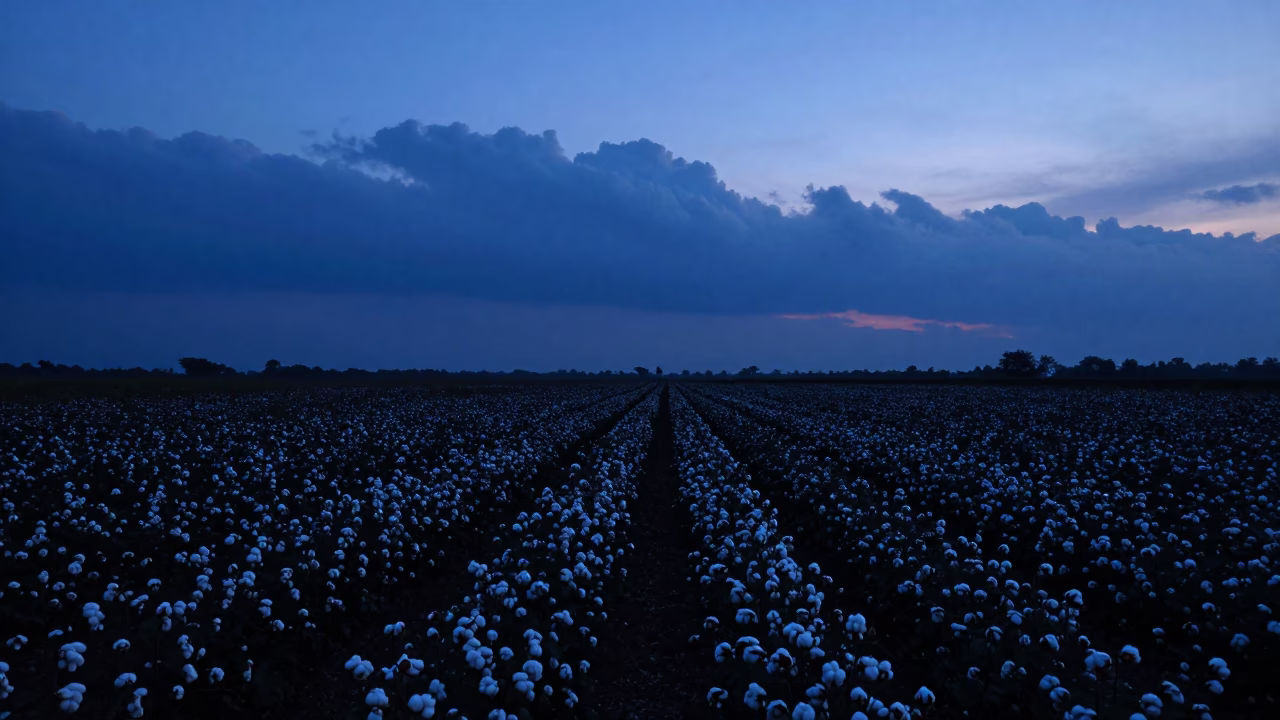 Silhouetted Cotton Field Under Indigo Twilight Sky in in Tamil Nadu