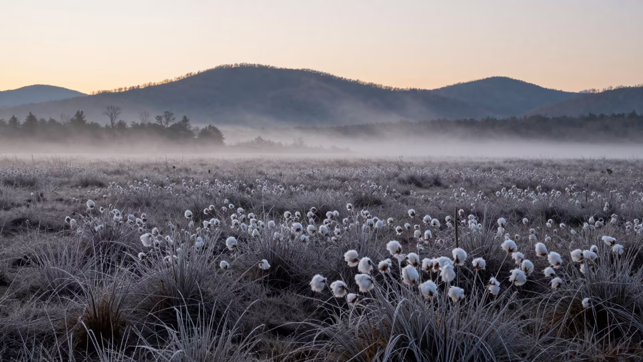 Silhouetted Cotton Grass on Frosty Bog at Dawn in from a ridge above layered foothills in South Carolina