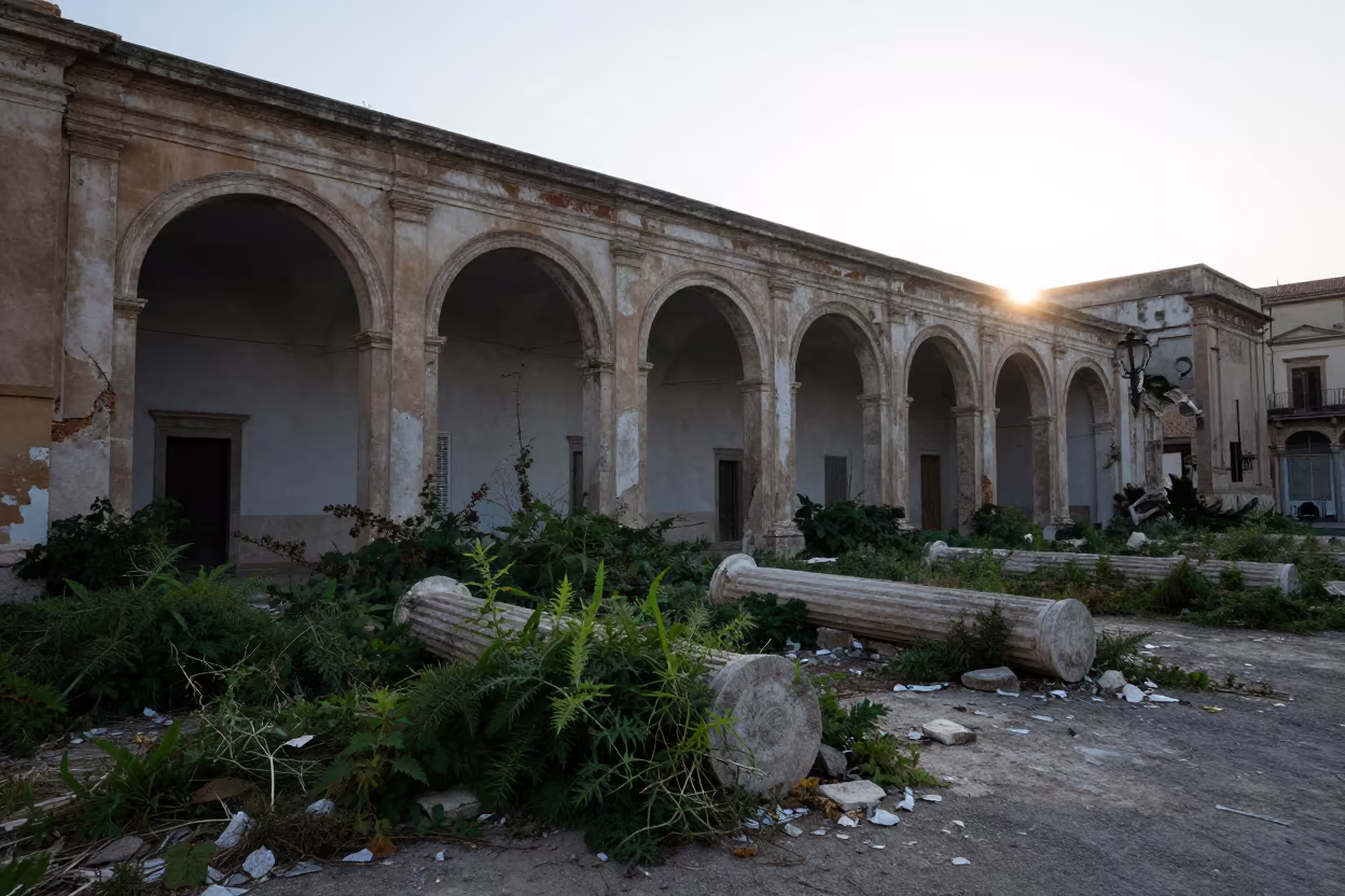Silhouetted Courthouse Ruins Overrun by Brambles in among toppled columns and nettles near Palermo