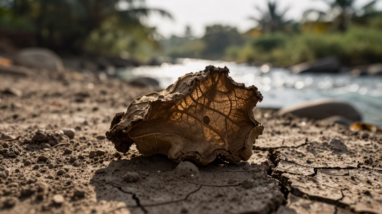 Silhouetted Cow Pat on Cracked Earth in above a glacial stream in Pakistan