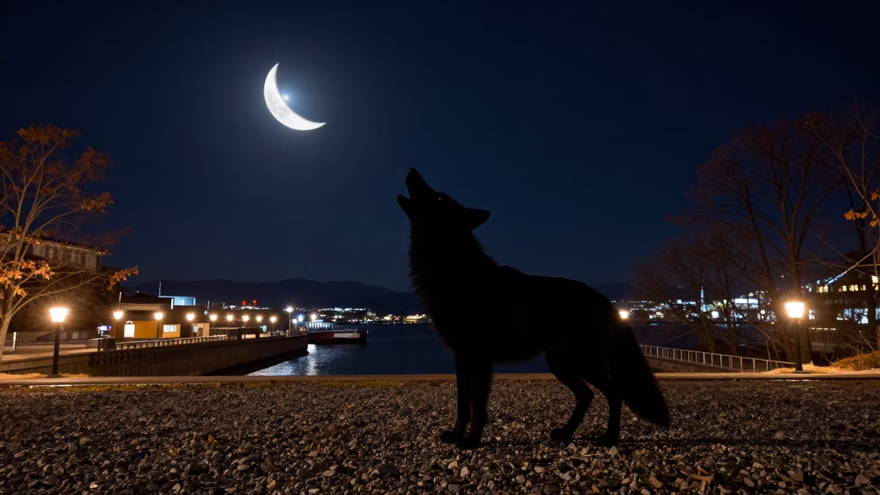 Silhouetted Coyote Howling at Moon Over Sapporo Harbor in beside a lantern-dotted harbor near Sapporo