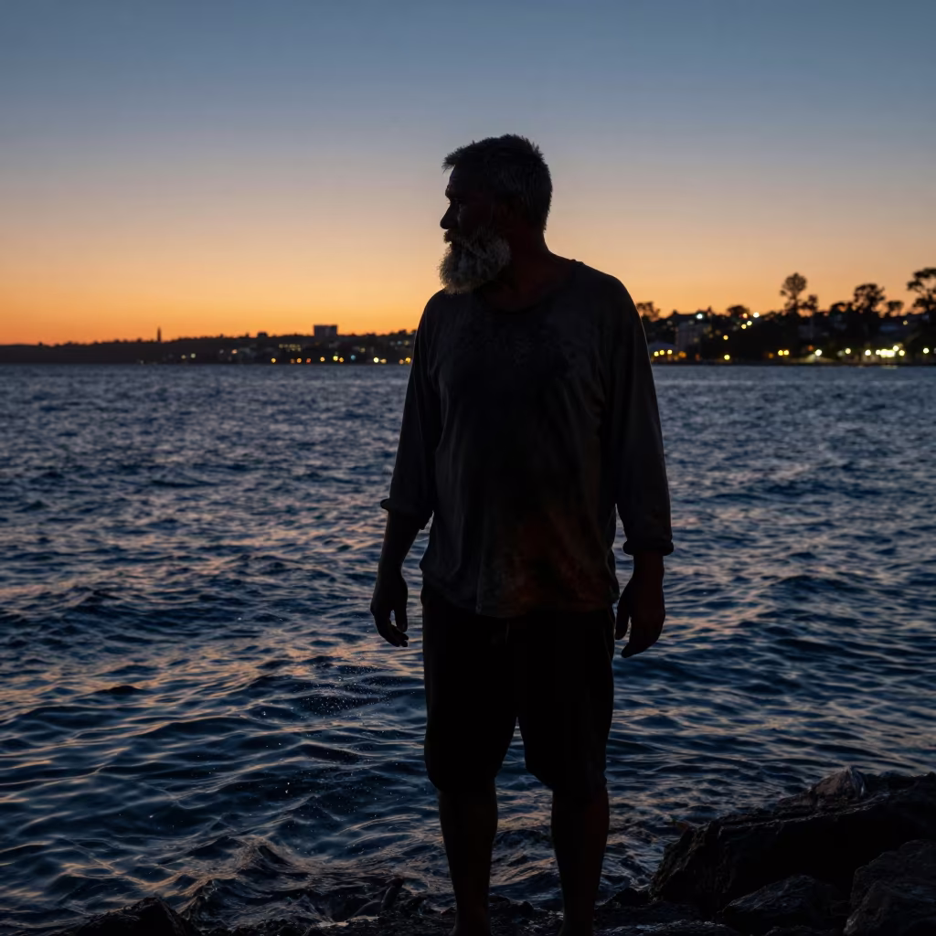Silhouetted Crab Fisherman in Australian Twilight Waters in in Australia