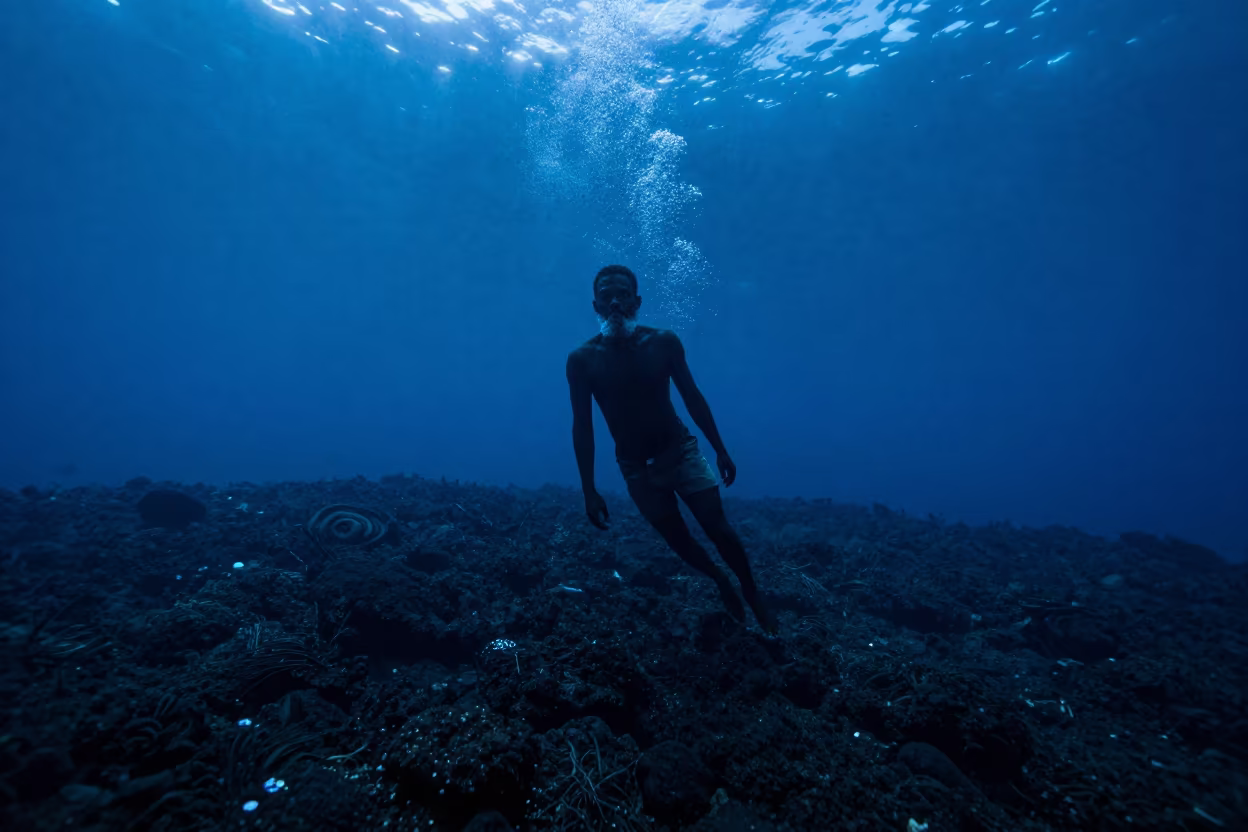 Silhouetted Crab Fisherman in Mombasa Twilight in beside a volcanic drop-off near Mombasa