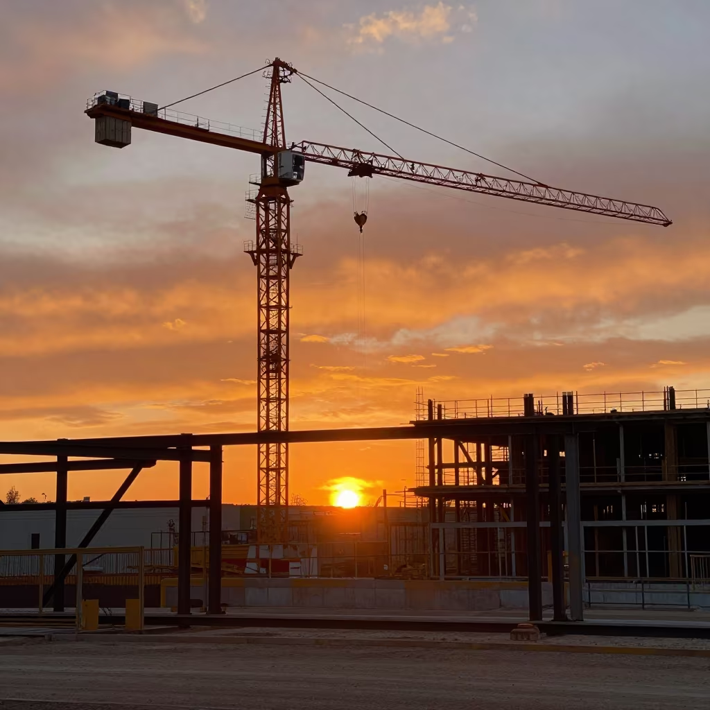 Silhouetted Crane Against Fiery New Mexico Sunset in beside exposed structural steel in New Mexico