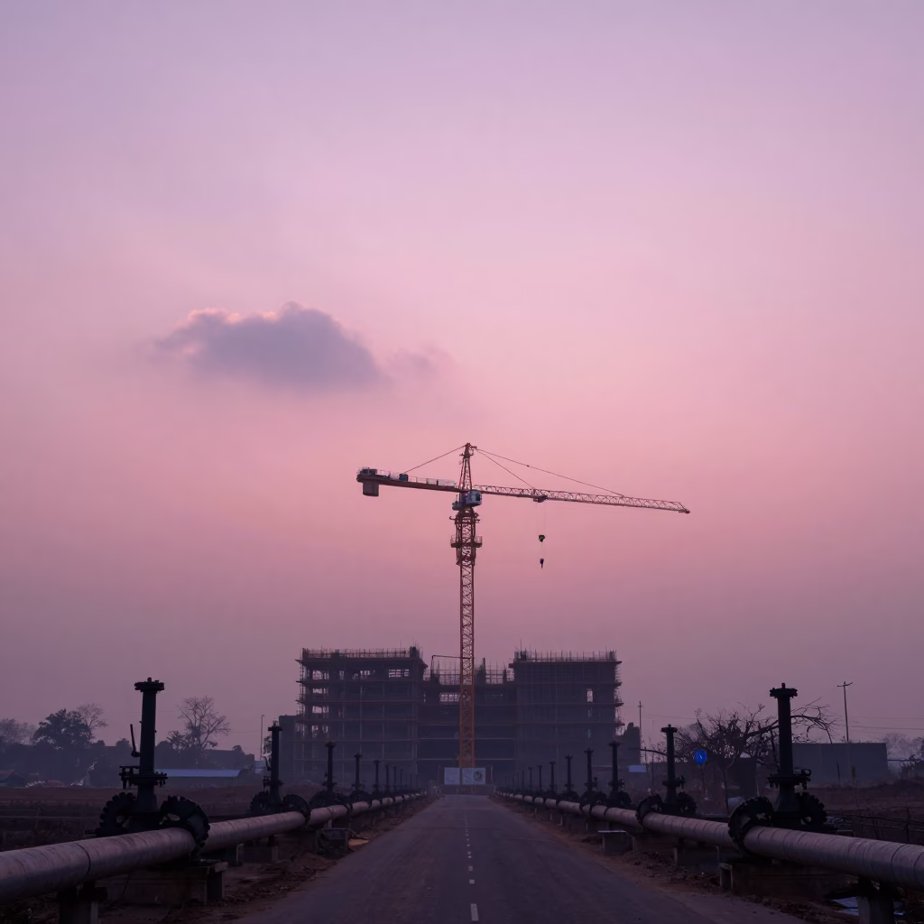 Silhouetted Crane Against Pink Dawn Sky in along a service road lined with pipes near Sheikhupura
