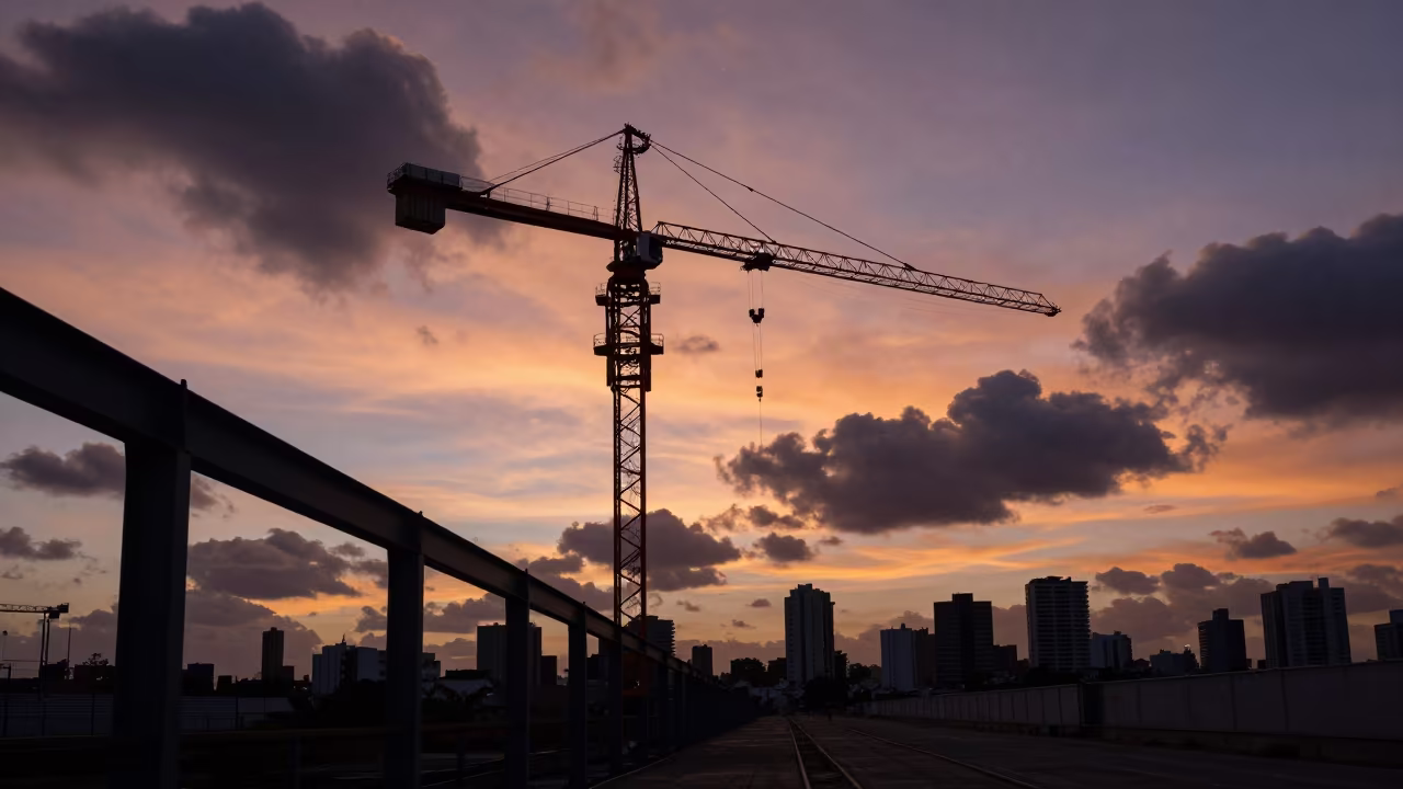 Silhouetted Crane Against Bahia Twilight Skyline in beside exposed structural steel in Bahia