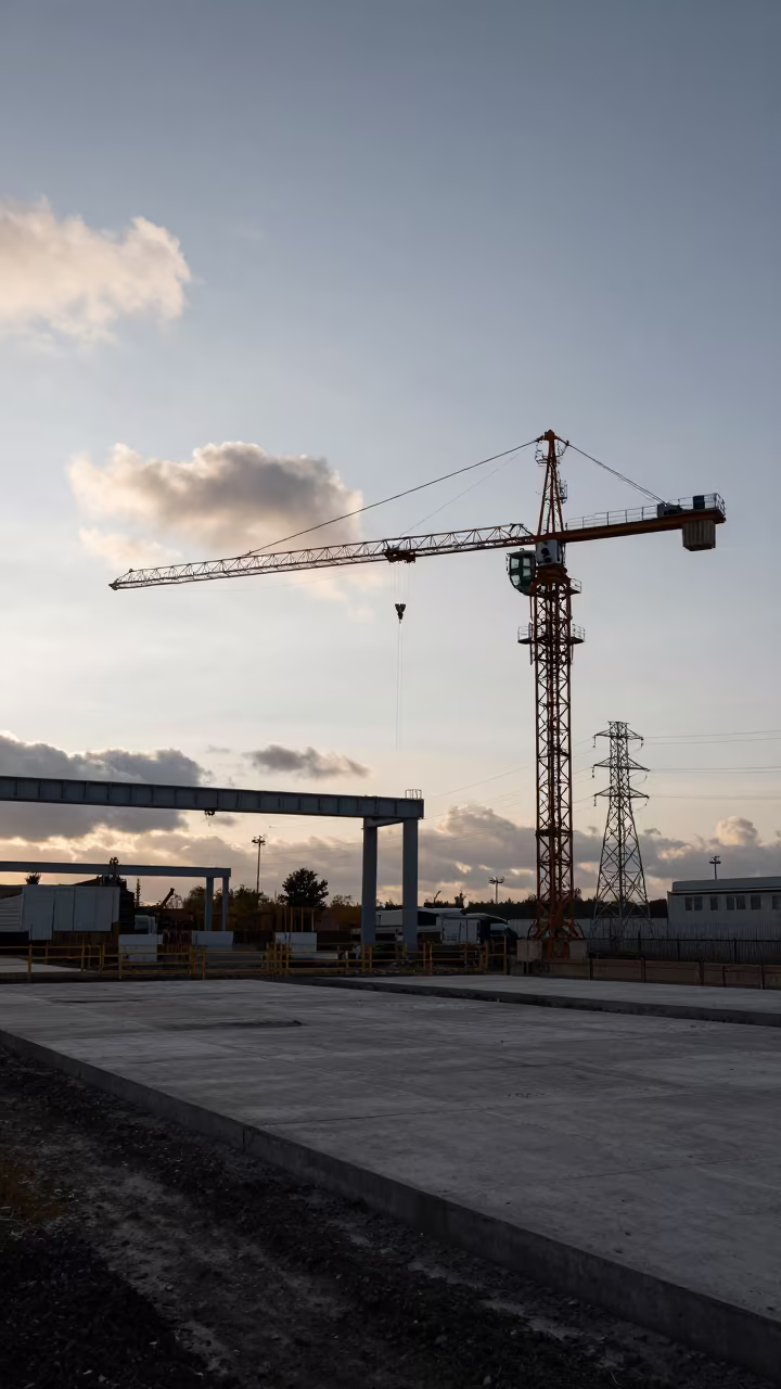 Silhouetted Crane Cabin Over Half-Poured Slab in under gantries and utility towers near Ashdod