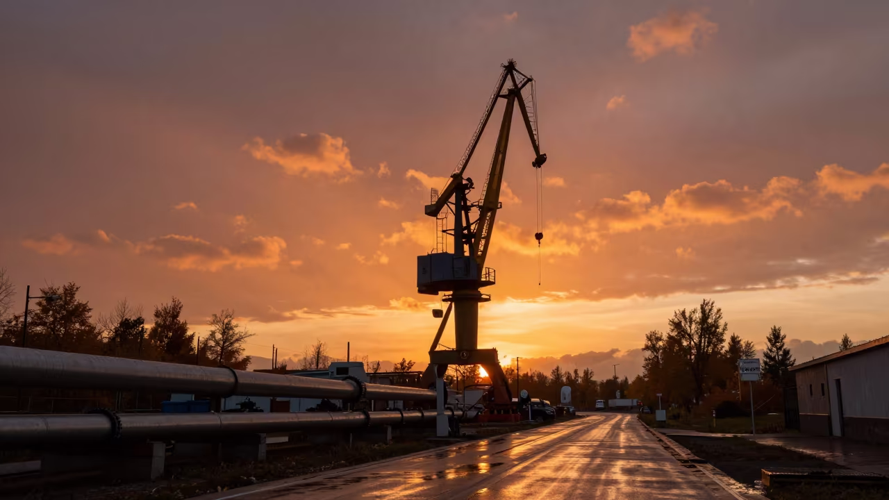 Silhouetted Crane Against Fiery Autumn Sunset in along a service road lined with pipes near Daşoguz