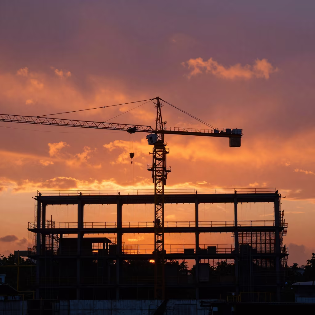 Silhouetted Crane Against Fiery Sunset Sky in beside exposed structural steel near Nagpur