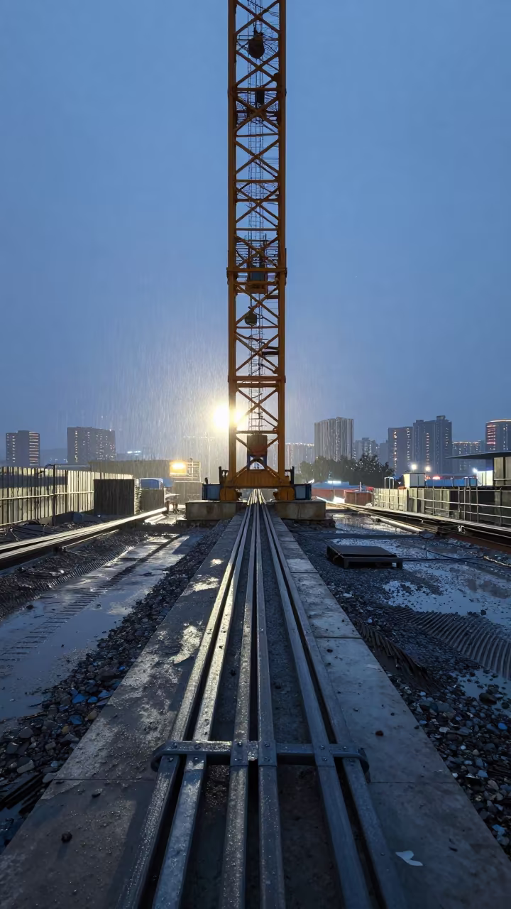 Silhouetted Crane Pad Rack in Kaohsiung Rainy Season in beneath a tower crane on open ground near Kaohsiung