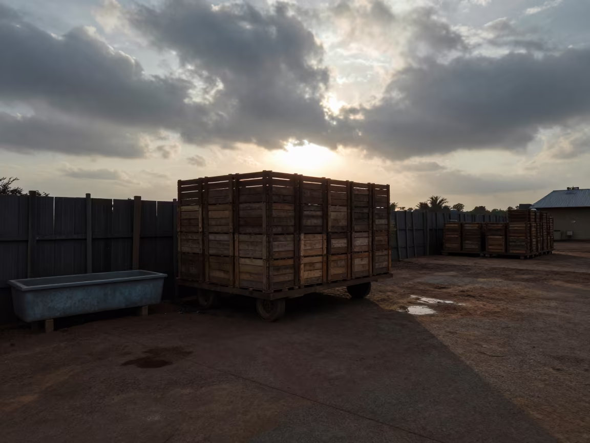 Silhouetted Crates at Dawn in Gambia in near a windbreak and water trough in Gambia