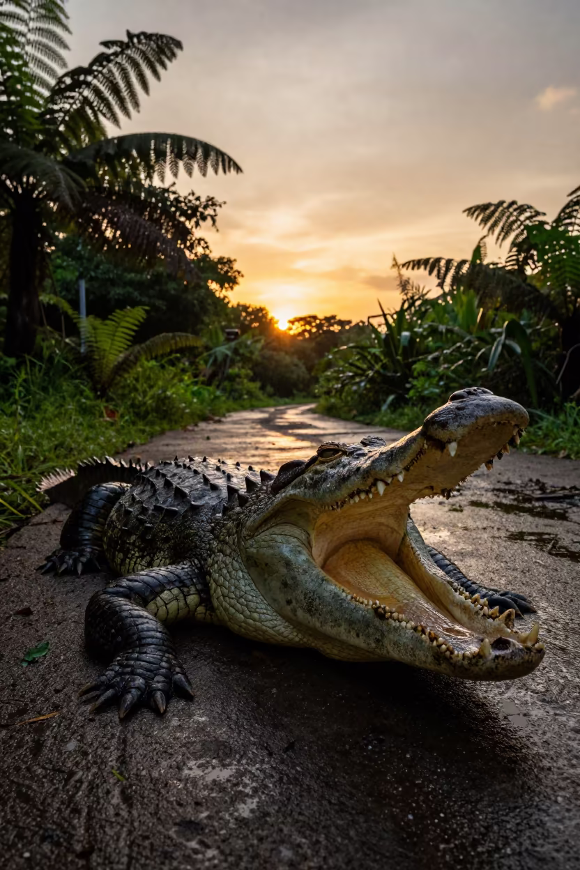 Silhouetted Crocodile Basking Golden Hour Singapore in along a game trail near Holland Village, Singapore
