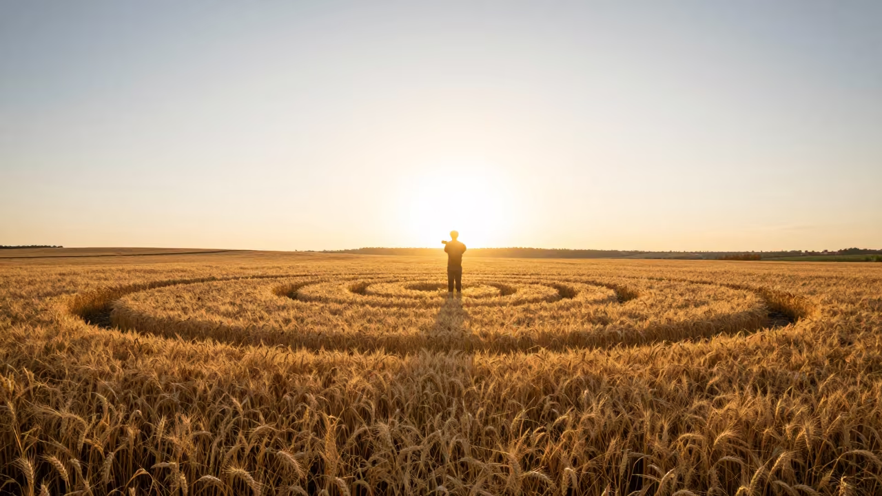 Silhouetted Crop Circle in Golden Autumn Wheat in in Georgia