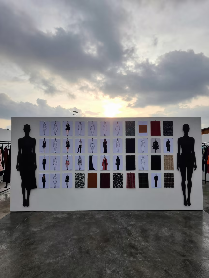 Silhouetted Croquis and Swatch Chains in Rainy Duran Showroom in inside a minimalist showroom near Durán