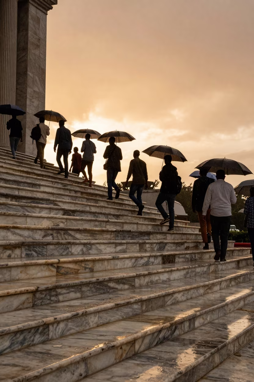 Silhouetted Crowd on Moshi Courthouse Steps in on the steps of city hall in Moshi