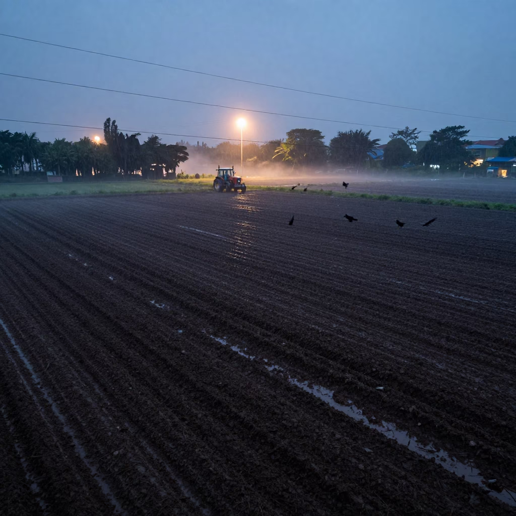 Silhouetted Crows Over Monsoon Field in beside a tractor track through dark soil near Hanoi