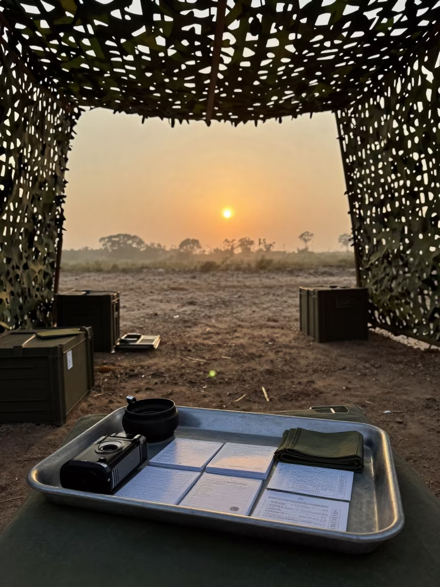 Silhouetted Customs Form Tray in Lobito Shelter in beneath a camouflage net shelter near Lobito