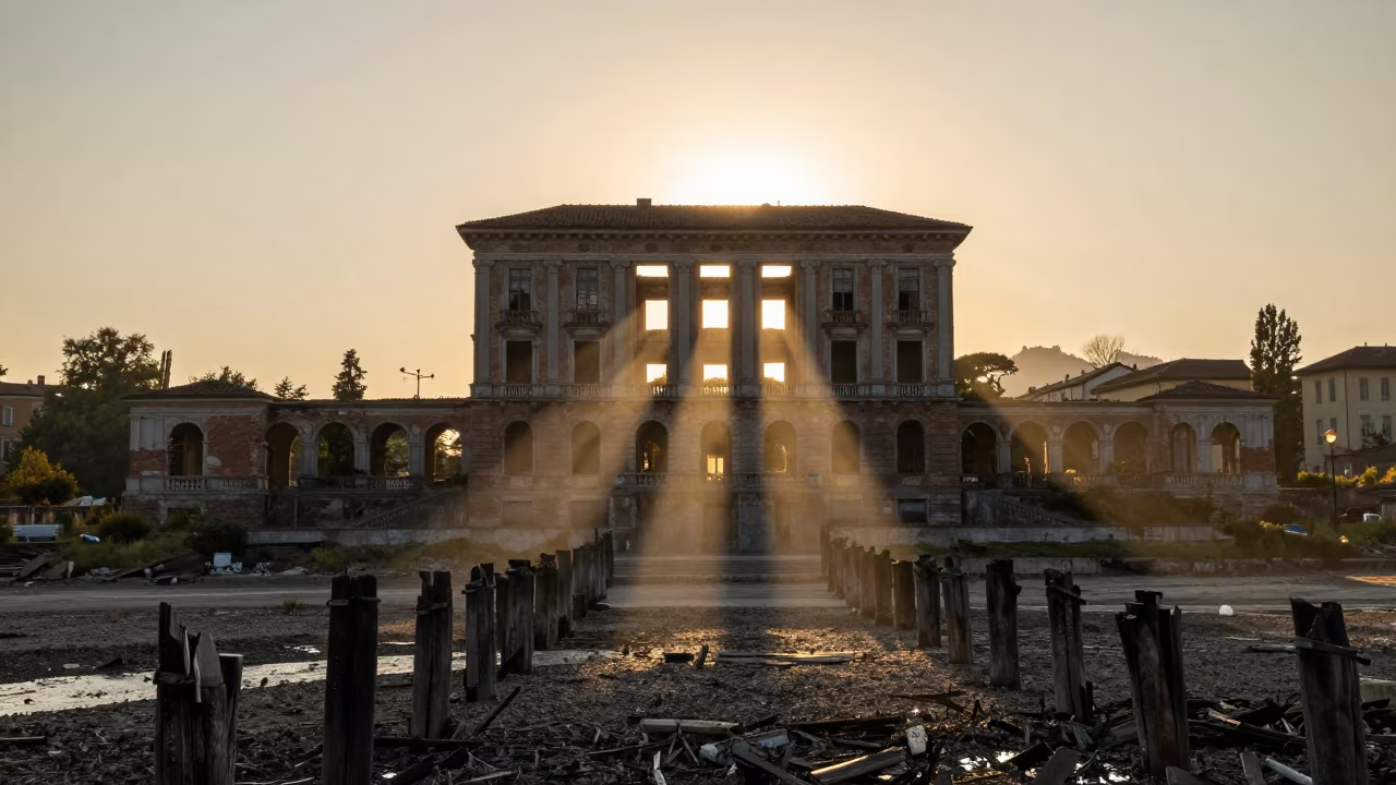 Silhouetted Customs House Ruin Above Tide Flats in near Turin