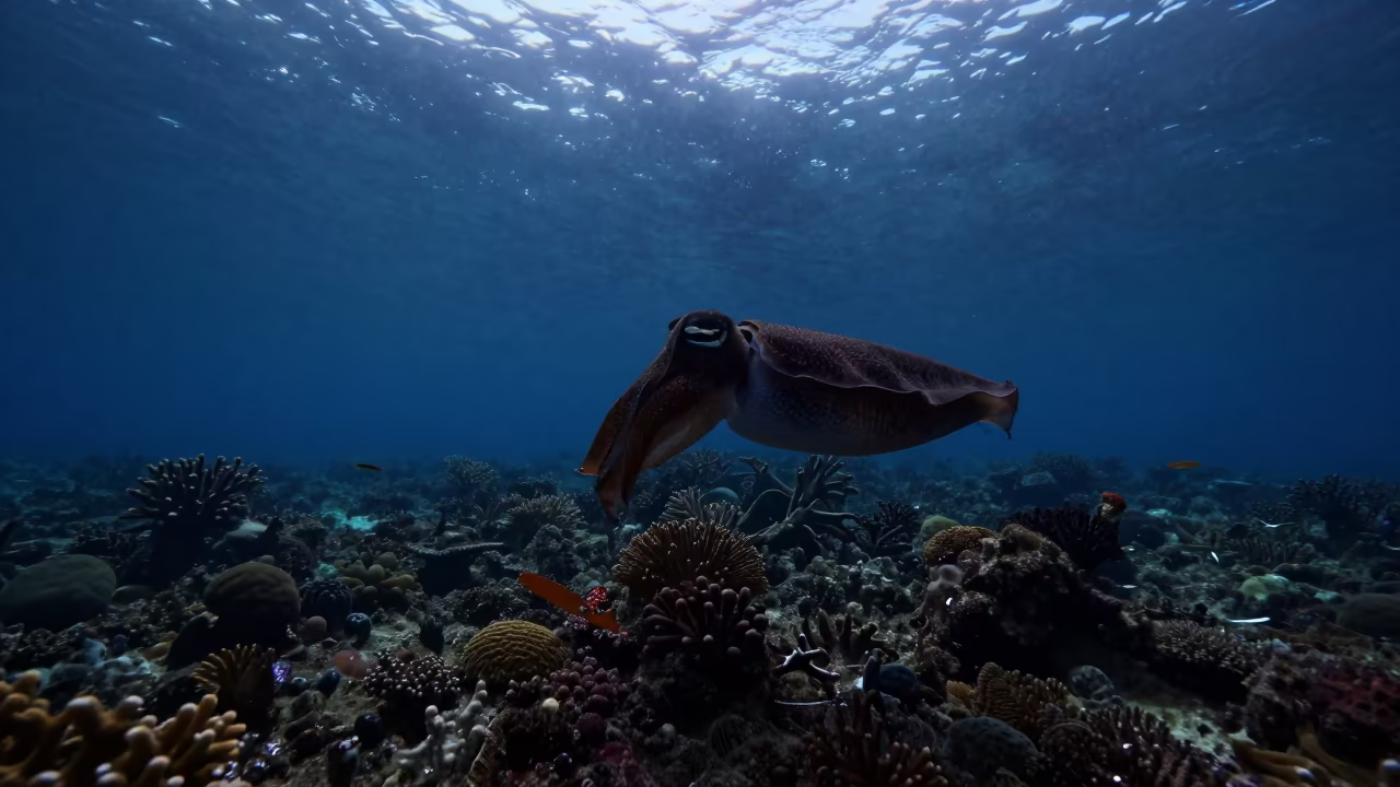 Silhouetted Cuttlefish Over Coral Reef Twilight in beside a volcanic reef overhang near Cebu