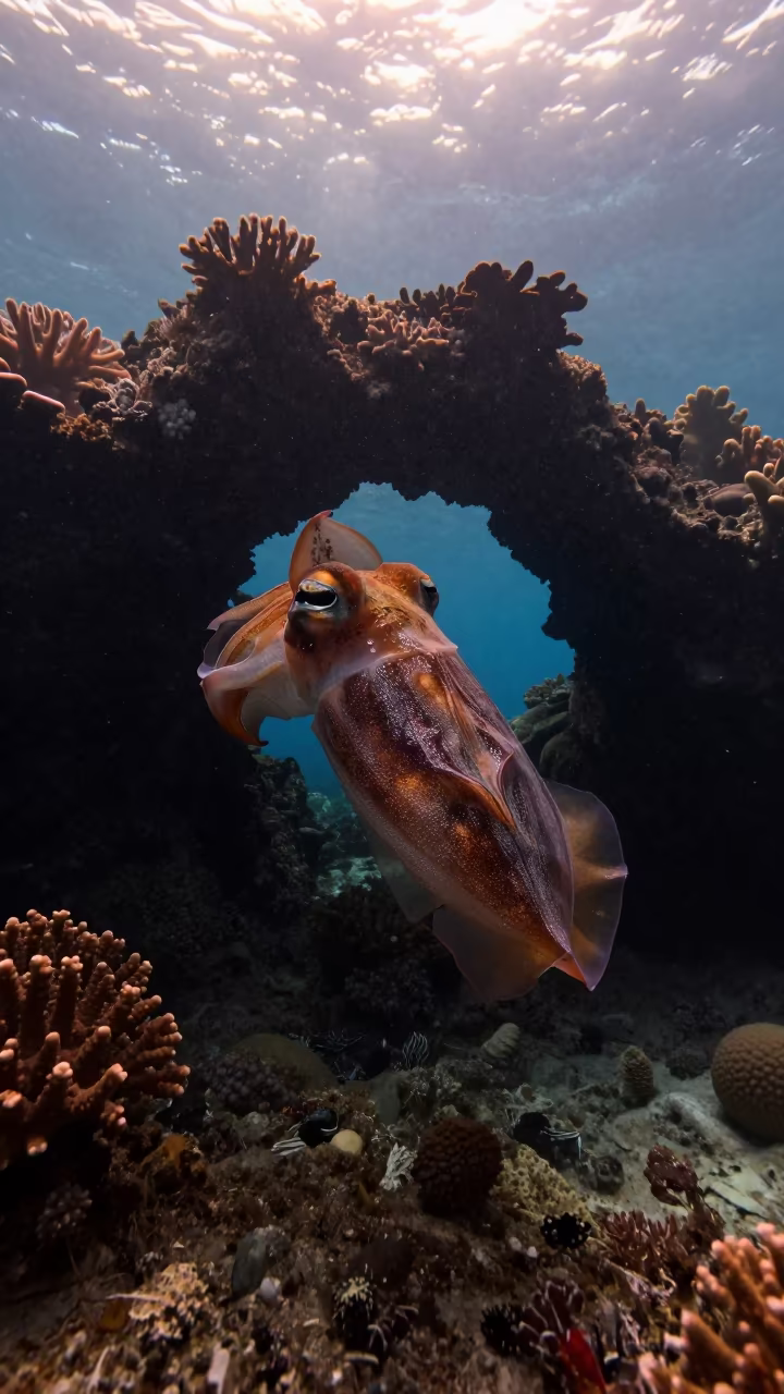 Silhouetted Cuttlefish Under Volcanic Arch in Amber Light in along a coral wall with blue water beyond near Stone Town