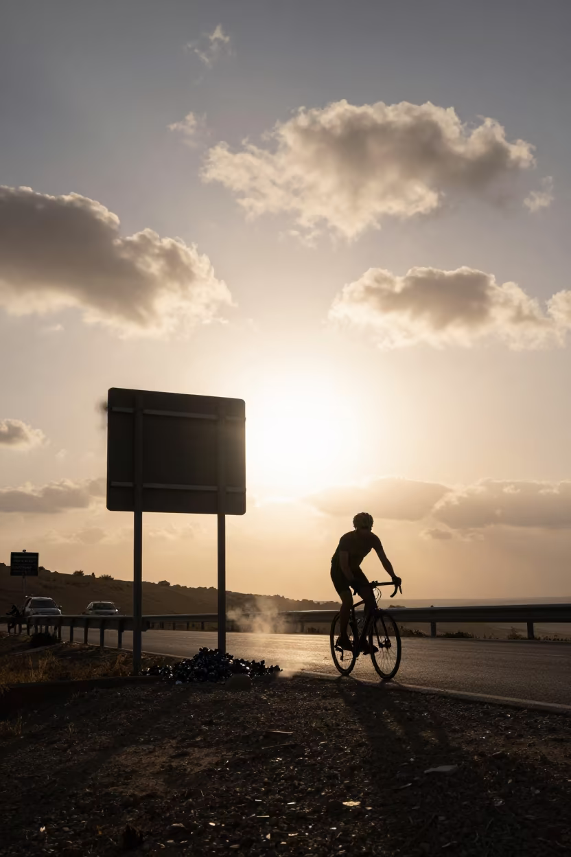 Silhouetted Cyclist Under Scoreboard at Sunset in on a hillside near Jisr ash-Shughur