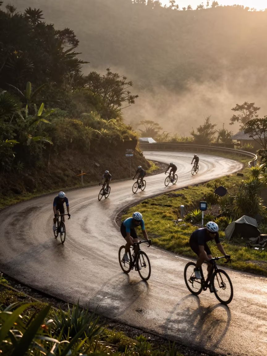 Silhouetted Cyclists Racing Monsoon Velodrome in on a mountain path near Tarapoto