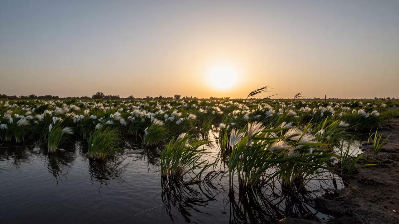 Silhouetted Cypress Knees in Spring Meadow at Sunset in in a bloom-heavy meadow near Al-Muharraq