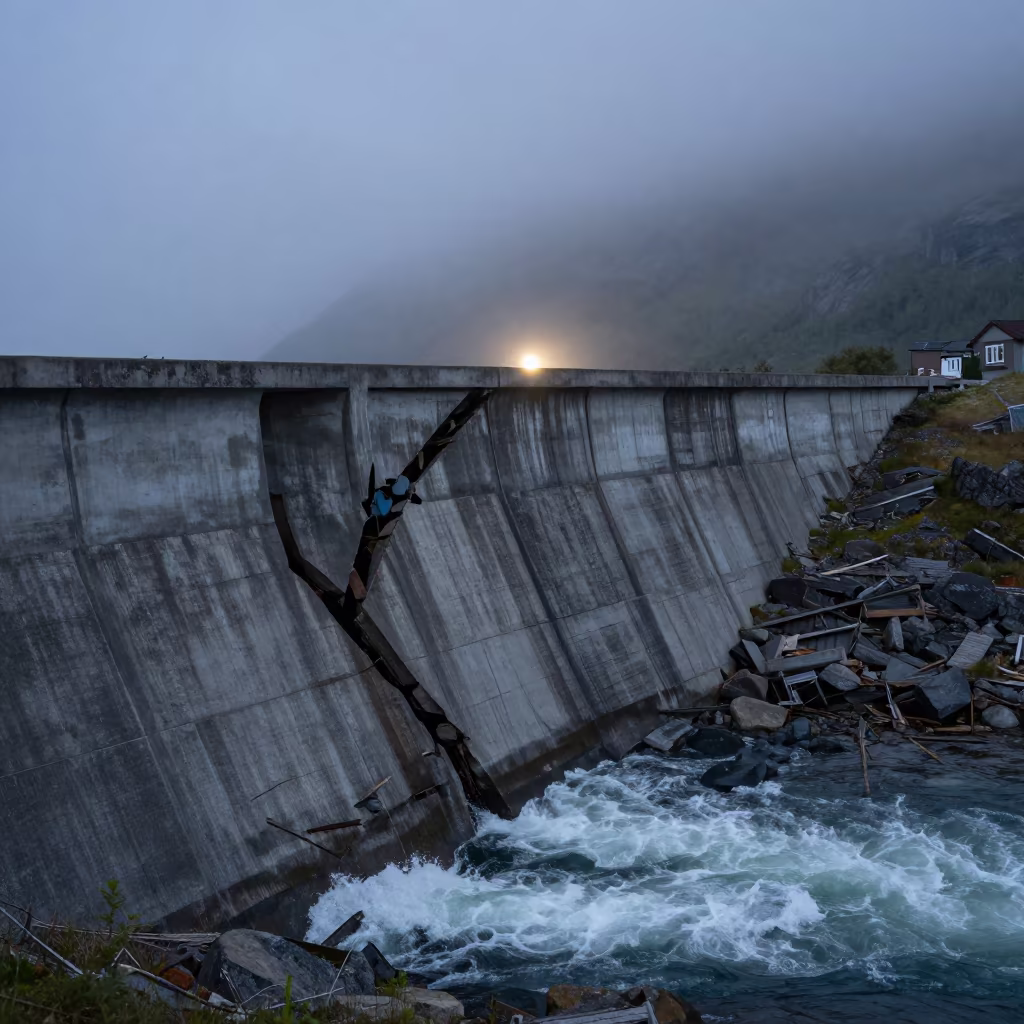 Silhouetted Dam in Norwegian Fjord Twilight in along concrete walls above turbulent water in the Fjords of Norway