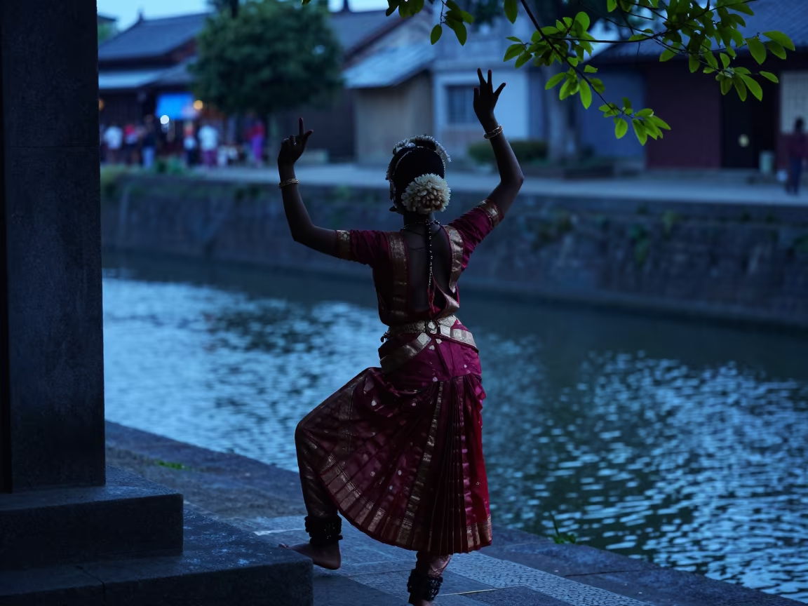 Silhouetted Dancer in Aramandi Pose by Taoyuan Canal in beside a canal in Taoyuan