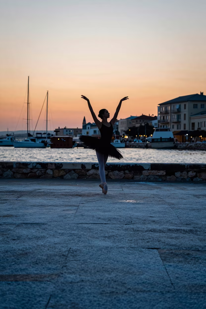 Silhouetted Dancer in Nablus Winter Harbor in at a harbor edge in Nablus