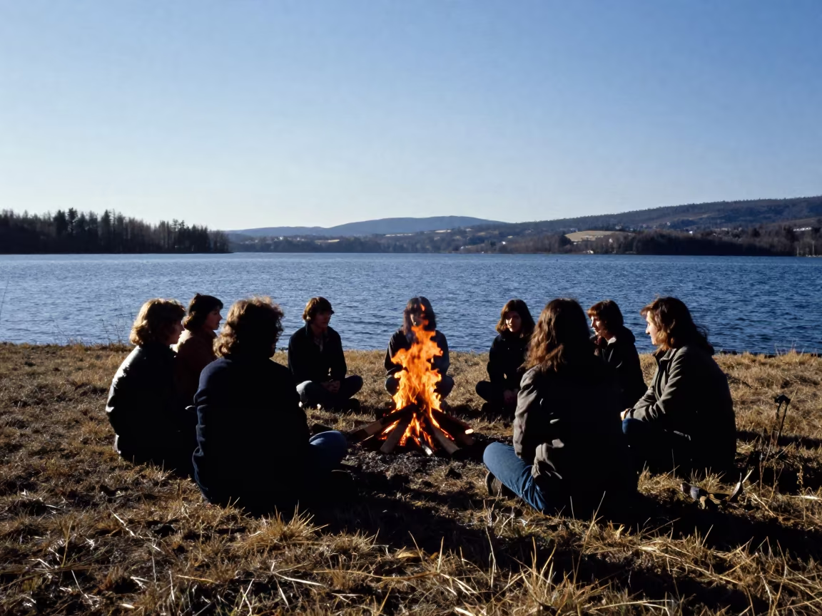 Silhouetted Dancers by Lake Pali Bonfire in in Pali