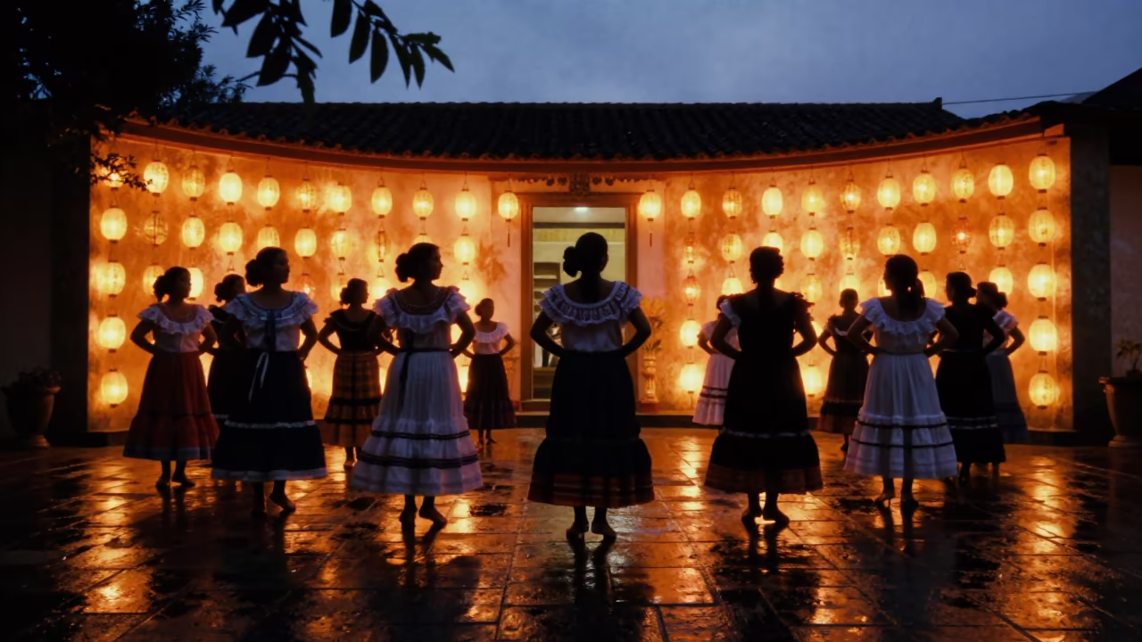 Silhouetted Dancers in Siguiri Shrine at Twilight in in a shrine lined with lanterns in Siguiri