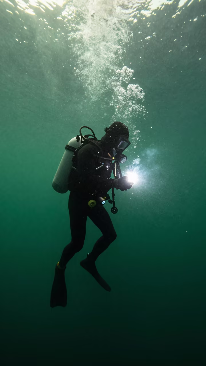 Silhouetted Deep Sea Welder in Murky Green Water in in Australia