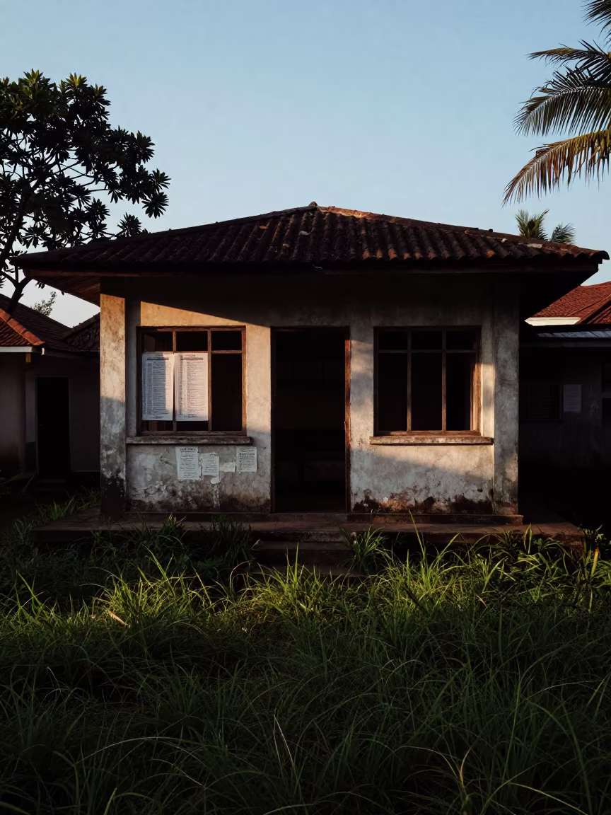 Silhouetted Depot Office at Dawn in Bali in through a courtyard reclaimed by grasses in Bali