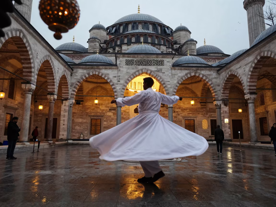 Silhouetted Dervish Spinning Under Dome in Istanbul in in a shrine lined with lanterns in Sultanahmet, Istanbul