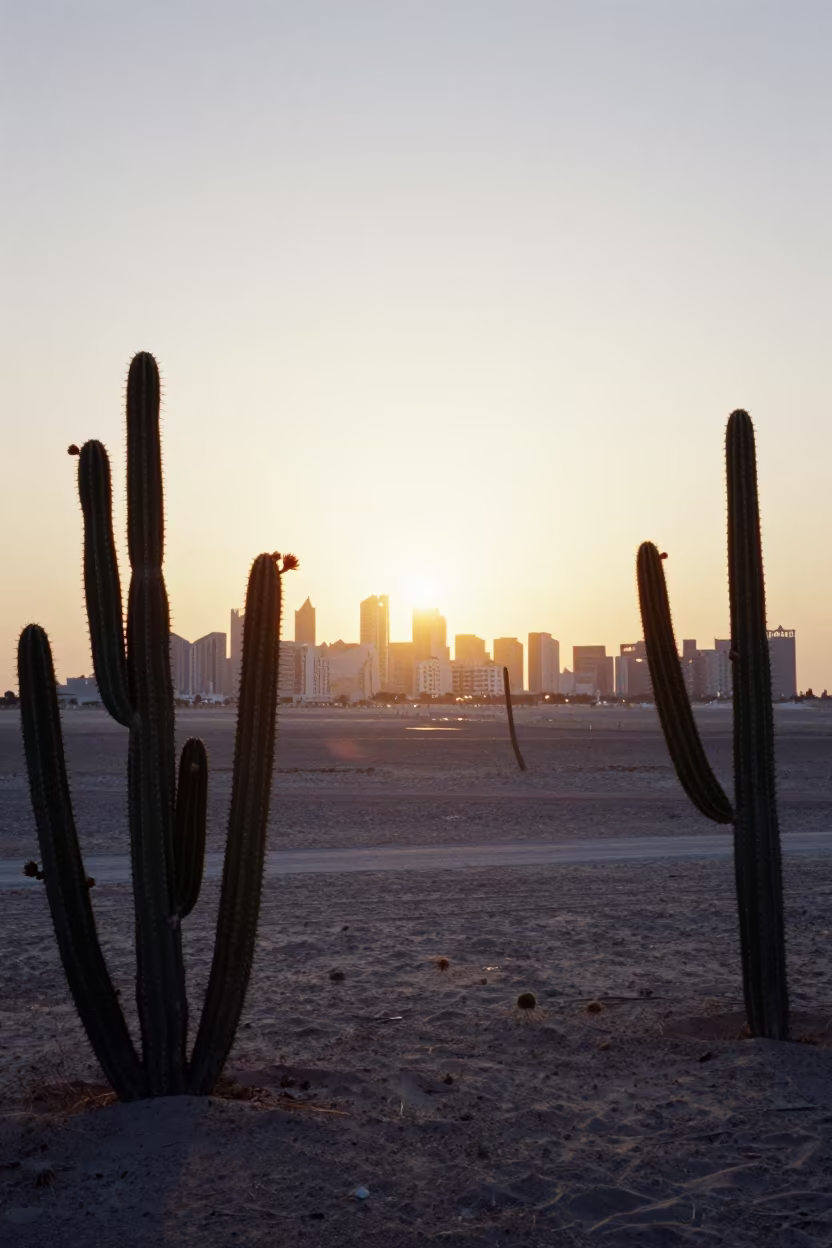 Silhouetted Desert Cacti Doha Valley Heat Haze in across a wide valley floor near Doha