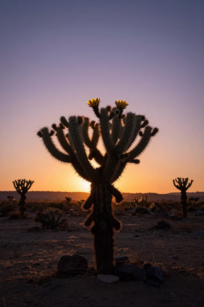 Silhouetted Desert Cactus Blooming at Golden Hour in in New Mexico